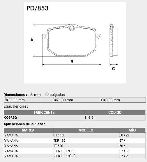 PASTILLAS DE FRENO FRAS-LE PD-853 APLICACI?N DELANTERA: DTZ 180, TDR 180, TT600, XT 600
