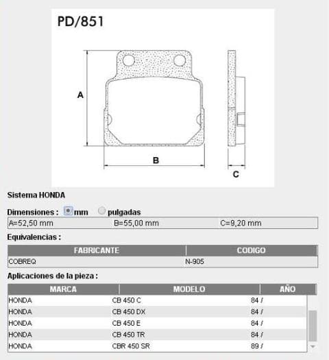 PASTILLAS DE FRENO FRASLE PD-851 APLICACI?N DELANTERA: CB 400/450; CBR 450