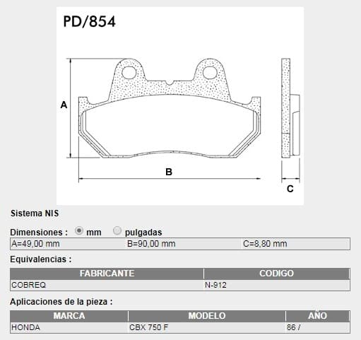 PASTILLAS DE FRENO FRAS-LE PD-854 APLICACI?N TRASERA: CB 1100, CBR 400, CBR 600 HURRICANE, CBR 1000, CBX 750, VF 400,  VFR 400