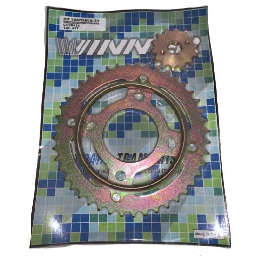 CORONA Y PIÑON HONDA CG125 TITAN 44T - 14T C/PROTECTOR DORADA  ( BLISTER )